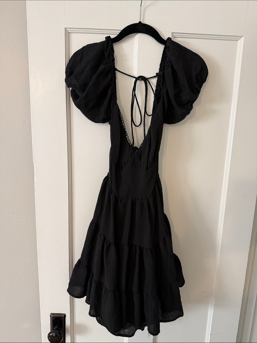 Princess Polly Black Backless Puff-Sleeve Tiered Mini Dress - Picture 2 of 7